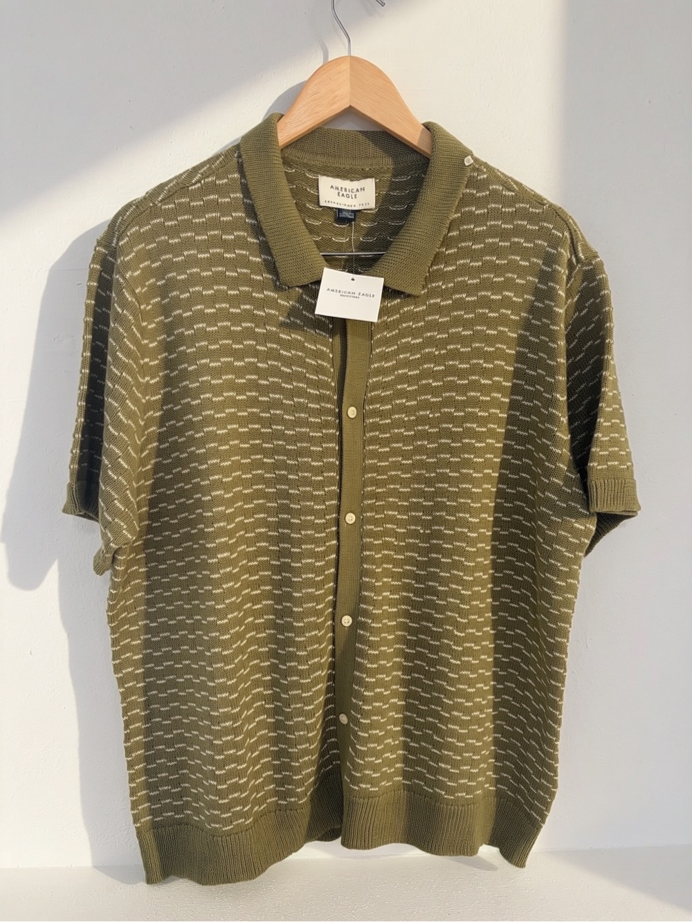 American Eagle NWT Men’s Large Olive Green Textured Knit Button Up Sweater Polo